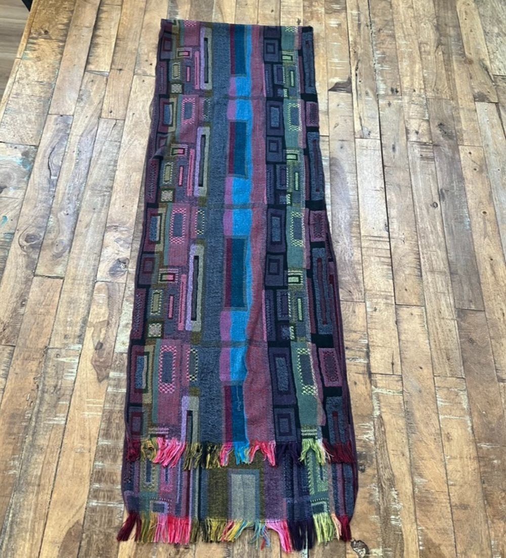 Tickled Pink Colorful Scarf 73" Geometric Block Pattern Fringe Boho
